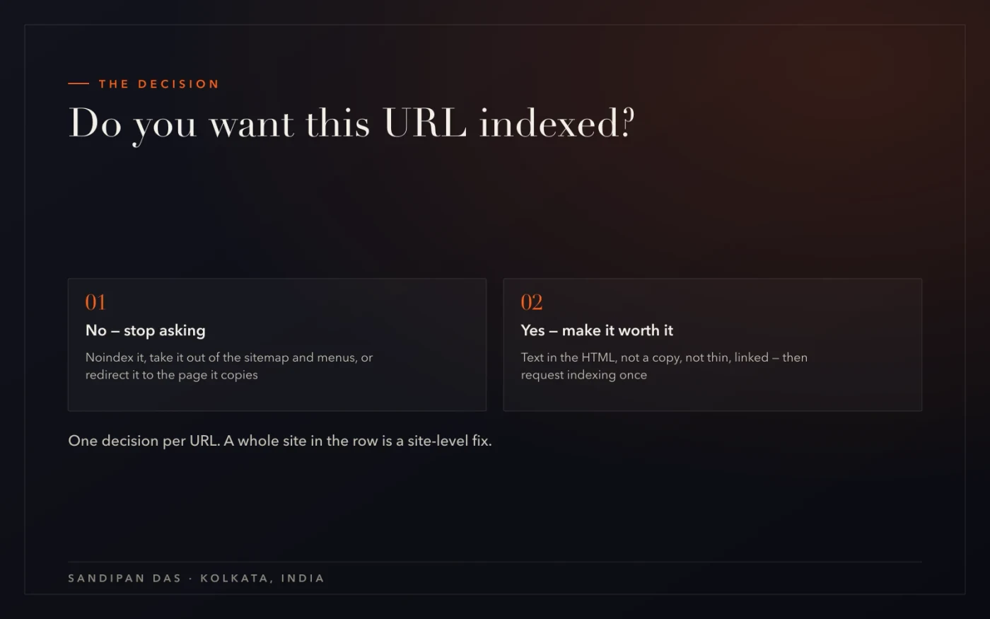 The decision for each Crawled - currently not indexed URL: no, stop asking with noindex, sitemap removal or a redirect; yes, make the page worth indexing and request indexing once